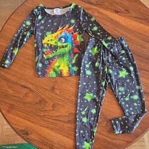SHEIN Kids Glow Dino Pajama Set - Neon Green & Black with Multicolor Dino